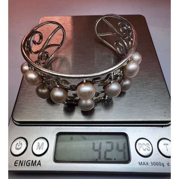 **Vintage 925 Sterling Silver Cuff Bracelet w/ Pearls & Leaf Filigree, Size 6” - Picture 7 of 9